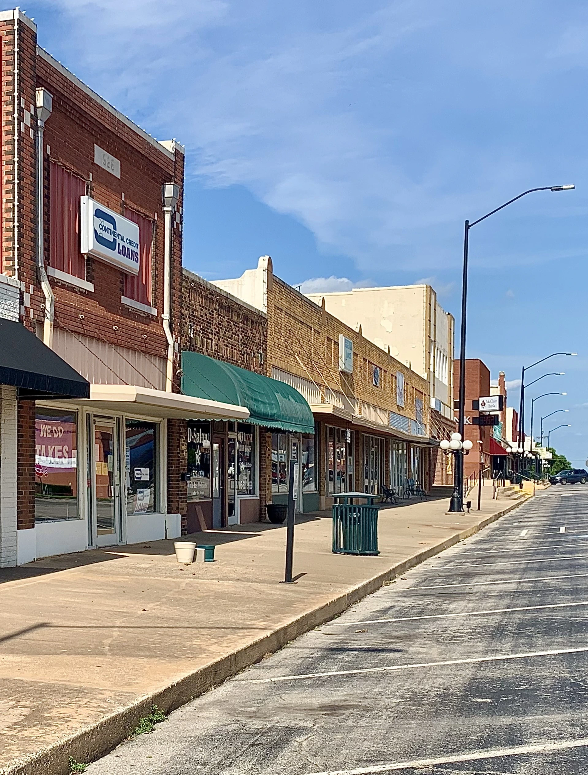 Historic brick storefronts on Main Street in downtown Purcell, Oklahoma